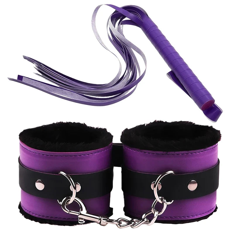 Goods For Couple Games Bondage Equipment Adults Set Sexy Leather Plush Handcuffs Blindfold Spanking Soft Whips Tying Cotton Rope