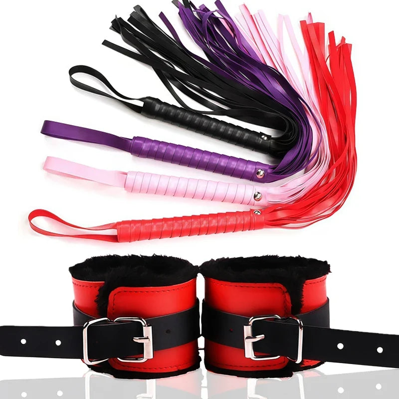 Goods For Couple Games Bondage Equipment Adults Set Sexy Leather Plush Handcuffs Blindfold Spanking Soft Whips Tying Cotton Rope