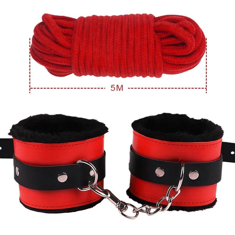 Goods For Adults Set Sexy Leather Plush Handcuffs Blindfold Spanking Soft Whips Tying Cotton Rope Couple Games Bondage Equipment