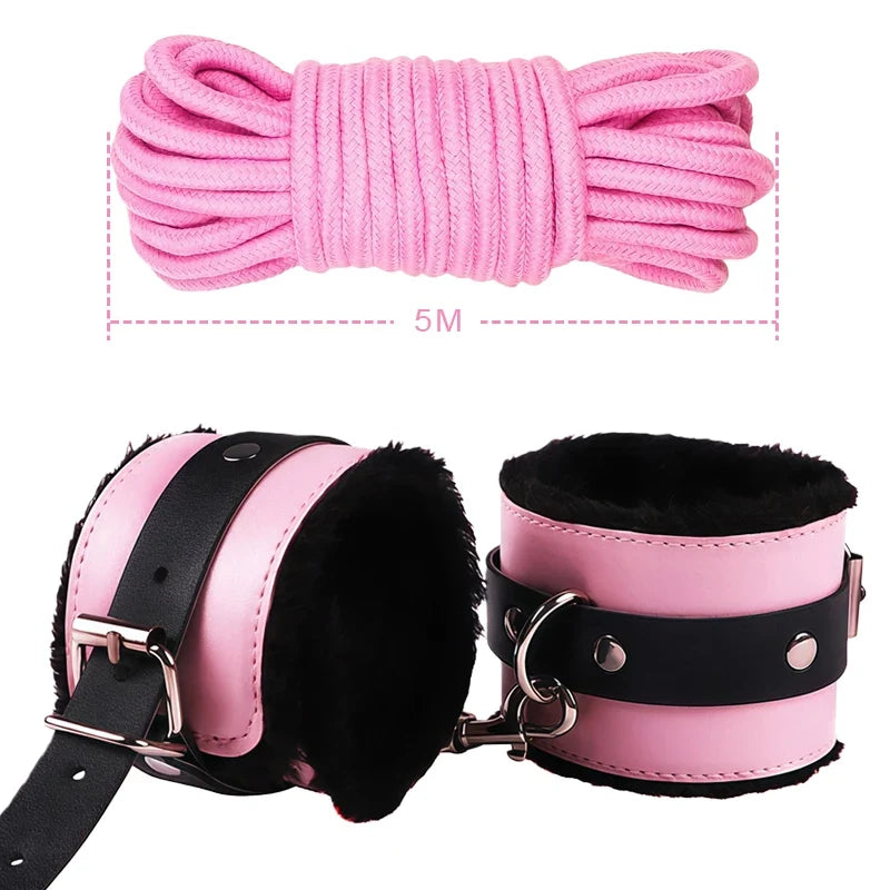 Goods For Adults Set Sexy Leather Plush Handcuffs Blindfold Spanking Soft Whips Tying Cotton Rope Couple Games Bondage Equipment
