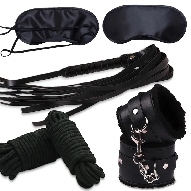 Goods For Couple Games Bondage Equipment Adults Set Sexy Leather Plush Handcuffs Blindfold Spanking Soft Whips Tying Cotton Rope
