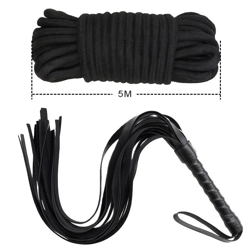 Goods For Adults Set Sexy Leather Plush Handcuffs Blindfold Spanking Soft Whips Tying Cotton Rope Couple Games Bondage Equipment