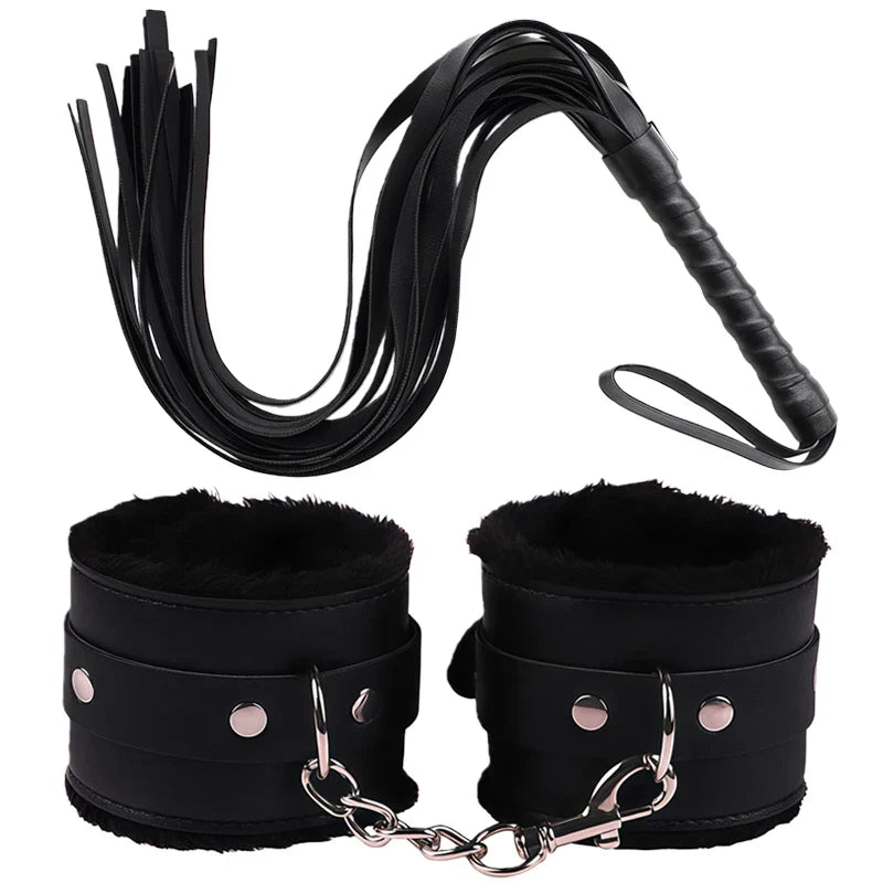 Goods For Couple Games Bondage Equipment Adults Set Sexy Leather Plush Handcuffs Blindfold Spanking Soft Whips Tying Cotton Rope