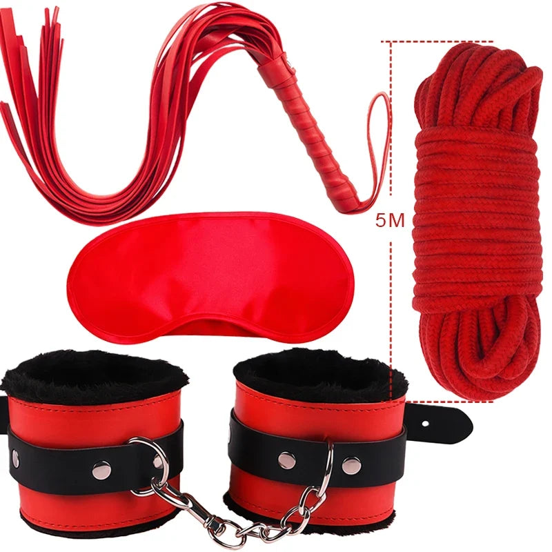 Goods For Couple Games Bondage Equipment Adults Set Sexy Leather Plush Handcuffs Blindfold Spanking Soft Whips Tying Cotton Rope