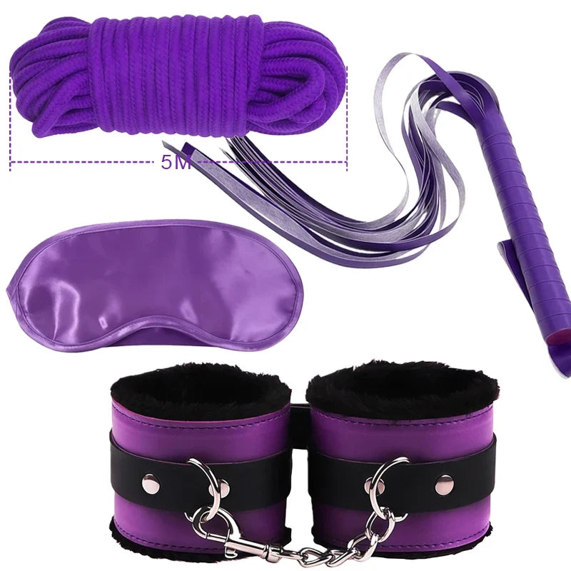 Goods For Couple Games Bondage Equipment Adults Set Sexy Leather Plush Handcuffs Blindfold Spanking Soft Whips Tying Cotton Rope