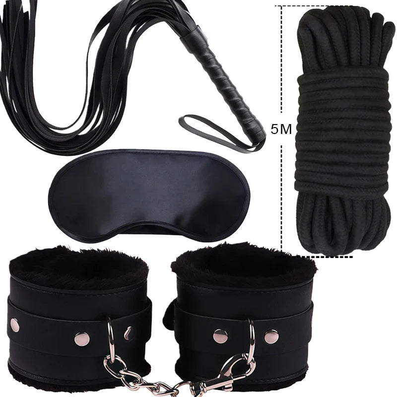 Goods For Adults Set Sexy Leather Plush Handcuffs Blindfold Spanking Soft Whips Tying Cotton Rope Couple Games Bondage Equipment