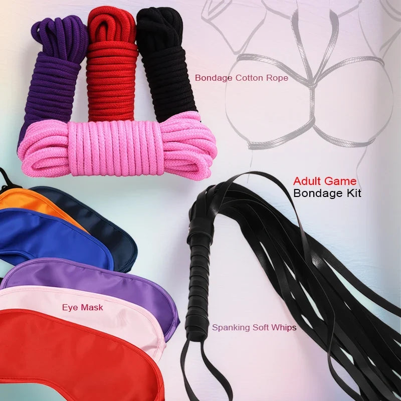 Goods For Couple Games Bondage Equipment Adults Set Sexy Leather Plush Handcuffs Blindfold Spanking Soft Whips Tying Cotton Rope